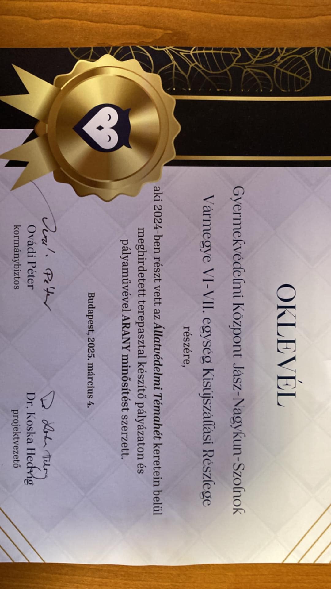 Állatvédelmi témahét Oklevél